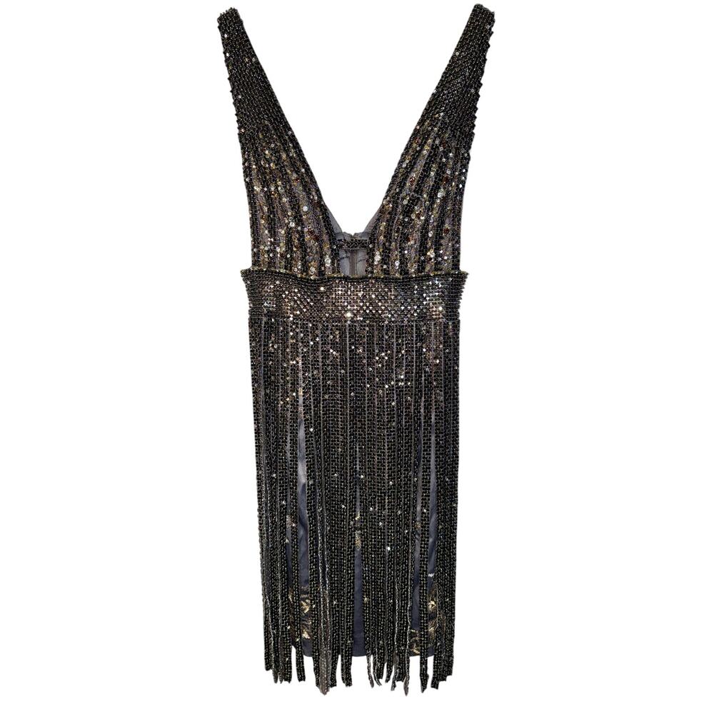 NWT Mandalay Gunmetal Beaded Fringe Cocktail Party Formal Mini Dress Womens Sz 6